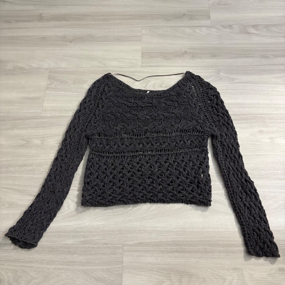 Free People Sweater Womens Charcoal Gray Open Knit Crochet Cable Long Sleeve S